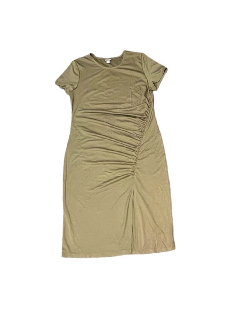 Olive Green Short Sleeve Ruched Knit Midi Dress XL Side Slit A New Day NWT